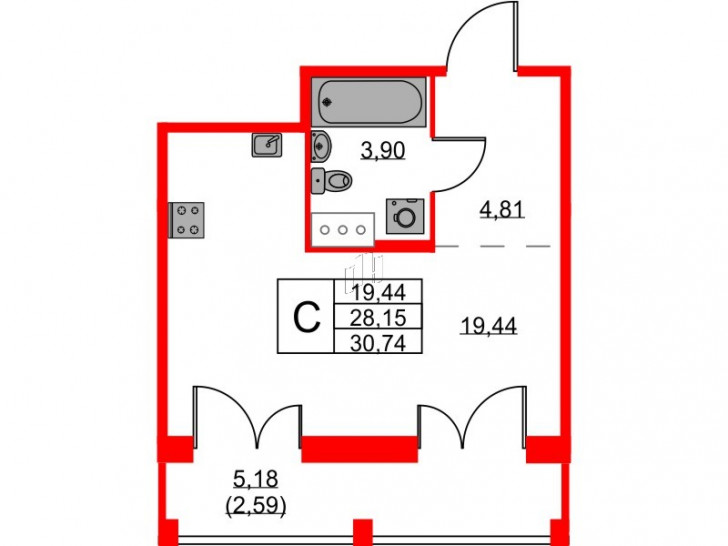 Студия 30.74 м²
