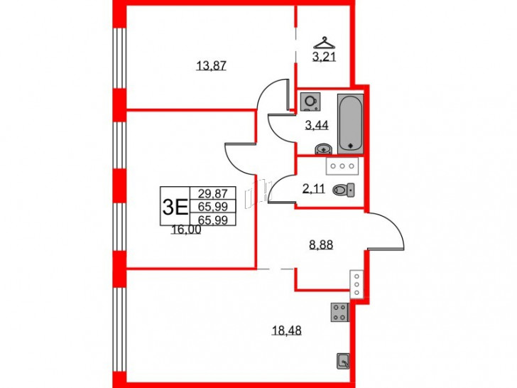 Двухкомнатная квартира 65.99 м²