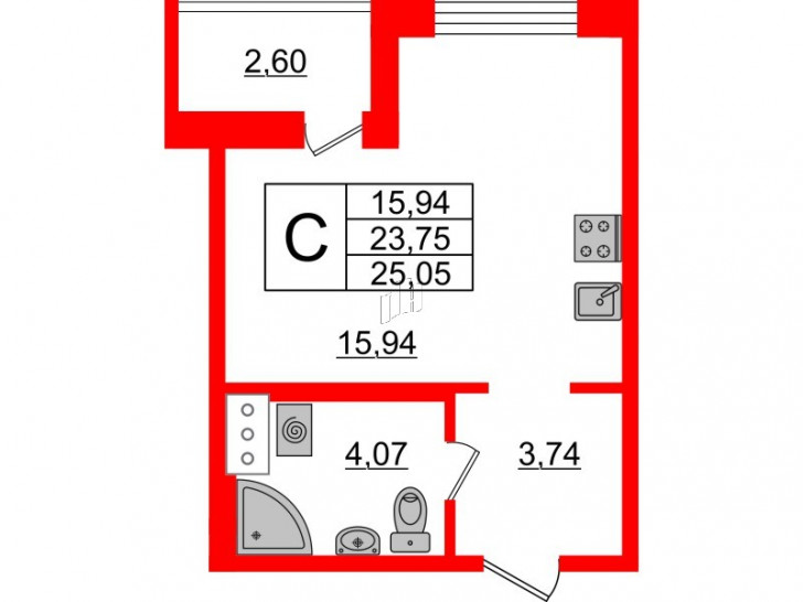 Студия 25.05 м²