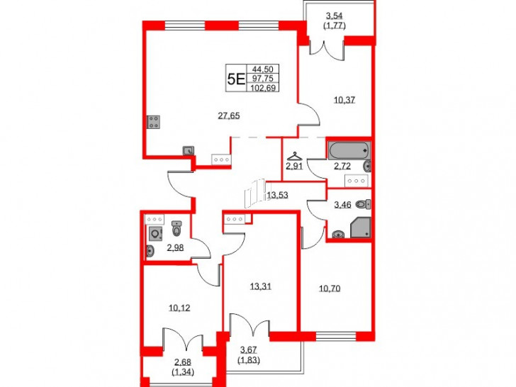 Четырёхкомнатная квартира 102.69 м²