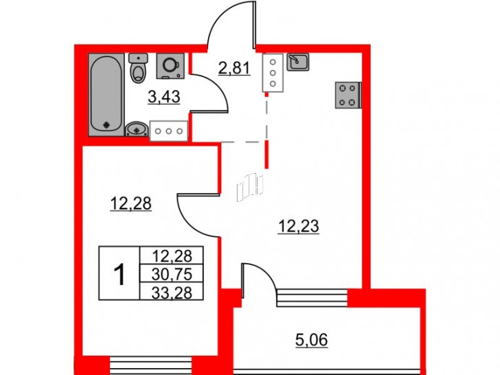 Однокомнатная квартира 33.28 м²