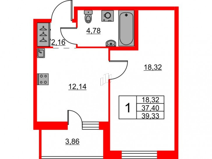 Однокомнатная квартира 39.33 м²