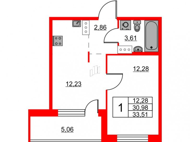 Однокомнатная квартира 33.51 м²