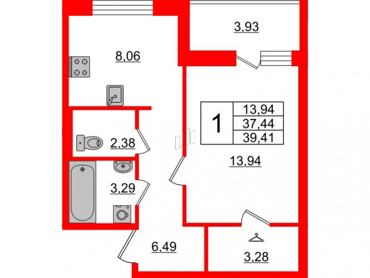Однокомнатная квартира 39.41 м²