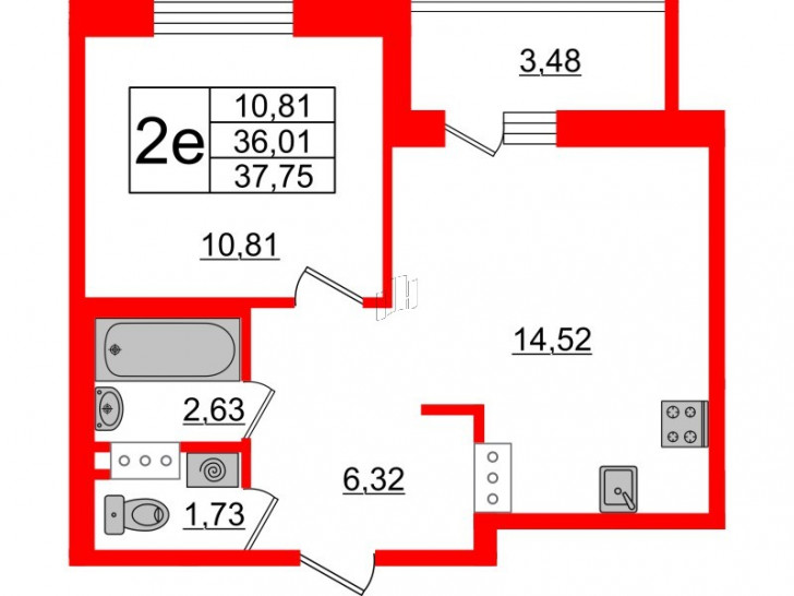 Однокомнатная квартира 37.75 м²