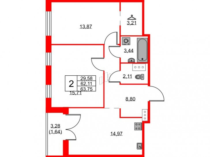 Двухкомнатная квартира 63.75 м²