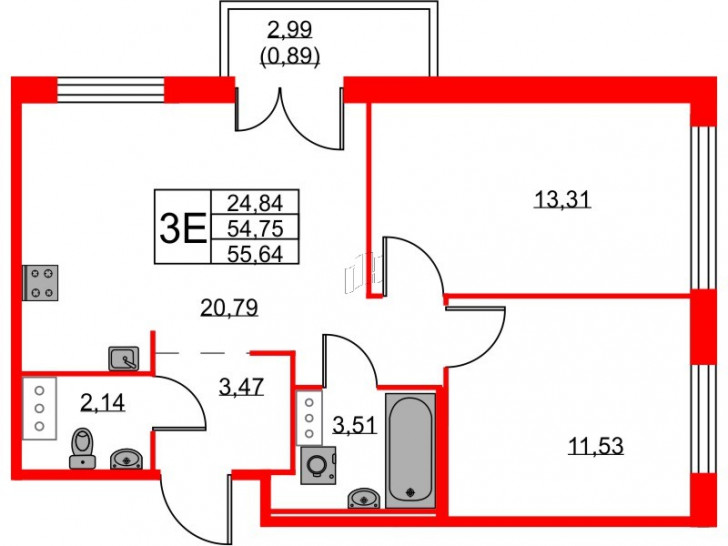 Двухкомнатная квартира 55.64 м²