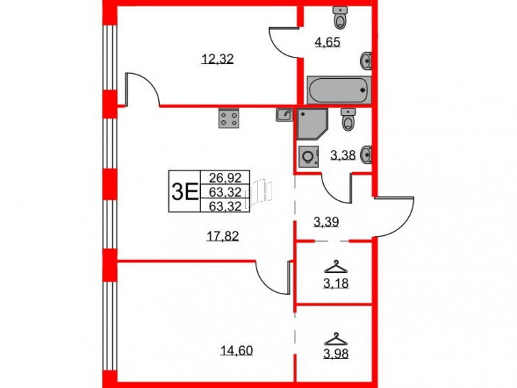 Двухкомнатная квартира 63.32 м²