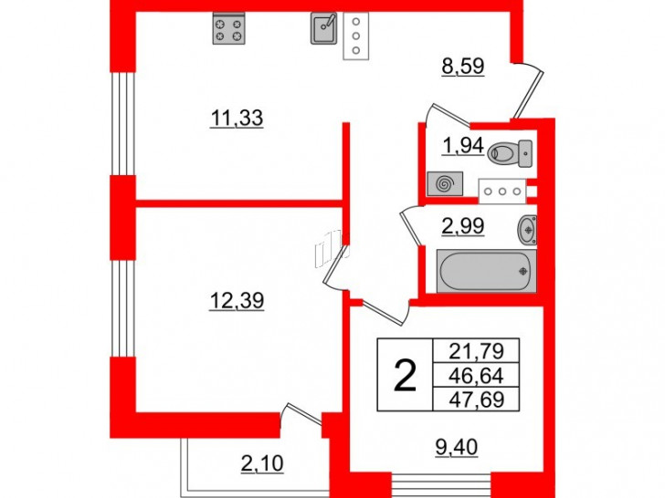 Двухкомнатная квартира 47.69 м²