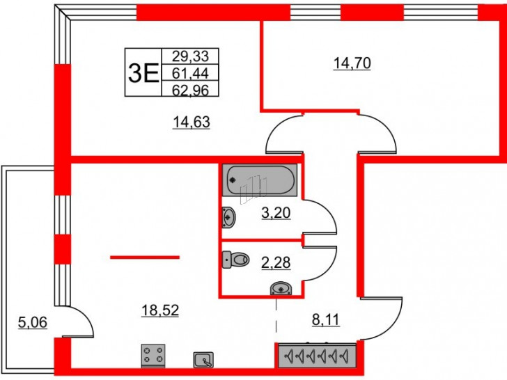 Двухкомнатная квартира 62.96 м²