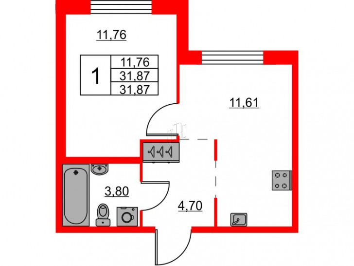 Однокомнатная квартира 31.87 м²