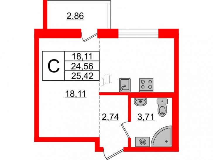 Студия 25.42 м²