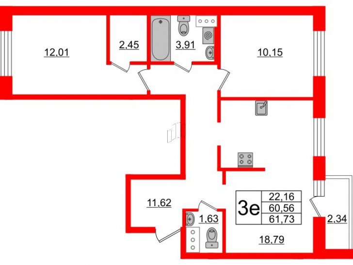 Двухкомнатная квартира 61.73 м²