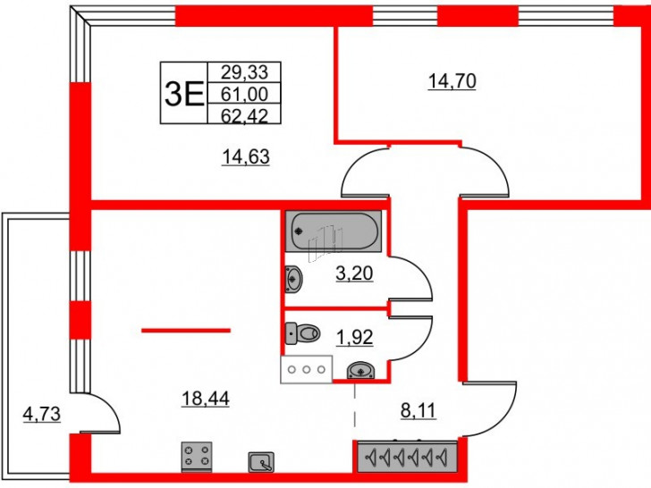 Двухкомнатная квартира 62.42 м²
