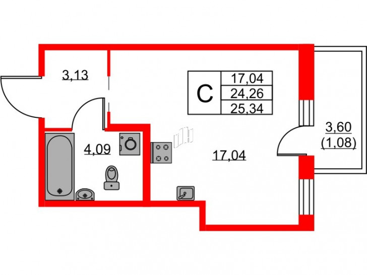 Студия 25.34 м²