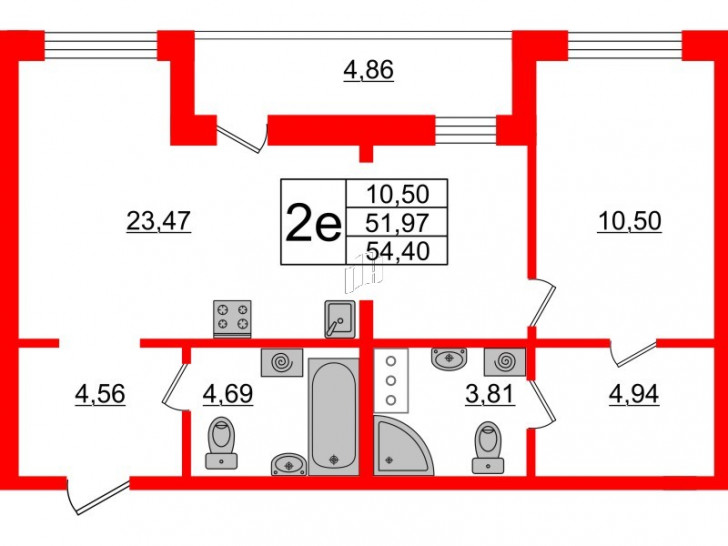 Однокомнатная квартира 54.4 м²