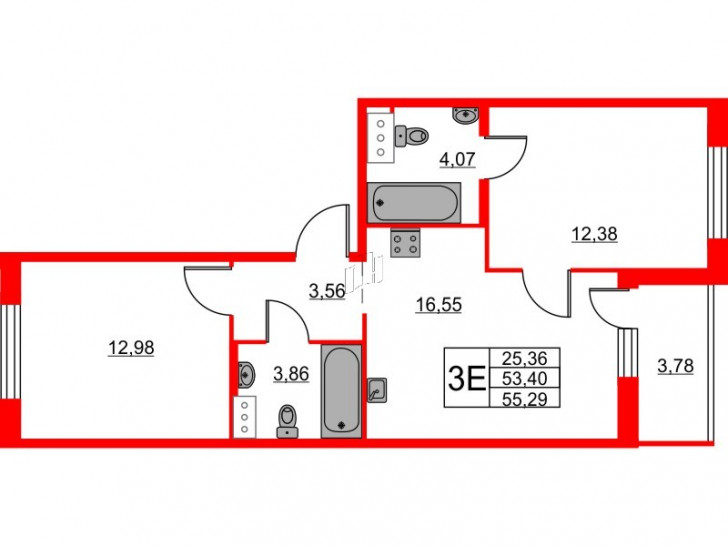 Двухкомнатная квартира 55.29 м²