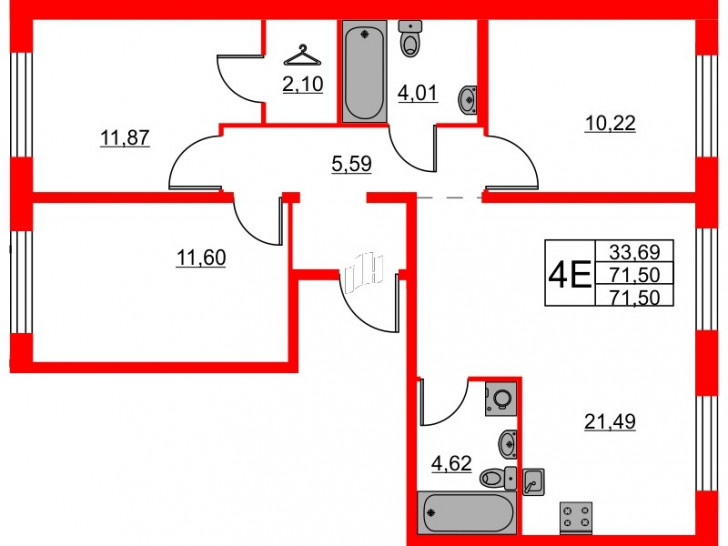 Трёхкомнатная квартира 71.5 м²