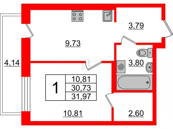 Однокомнатная квартира 31.97 м²