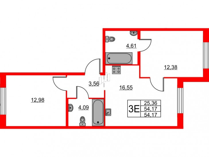 Двухкомнатная квартира 54.17 м²