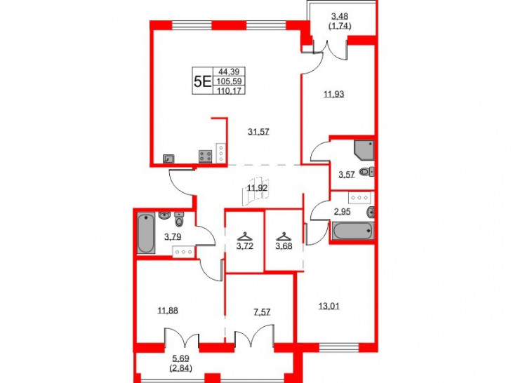 Четырёхкомнатная квартира 110.17 м²