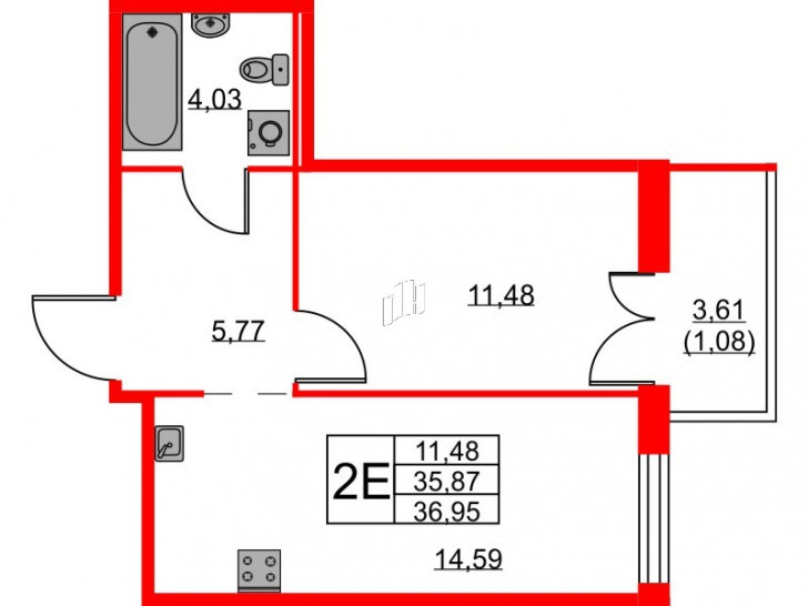 Однокомнатная квартира 36.95 м²
