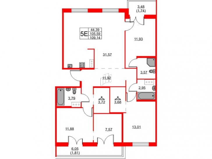 Четырёхкомнатная квартира 109.14 м²