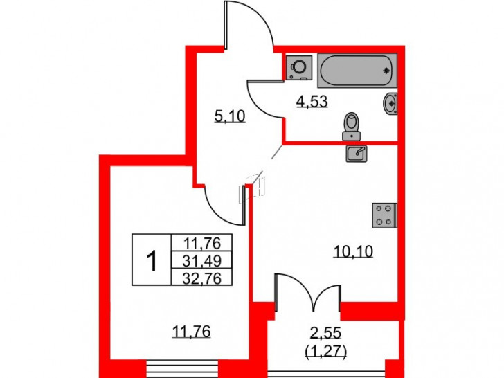 Однокомнатная квартира 32.76 м²