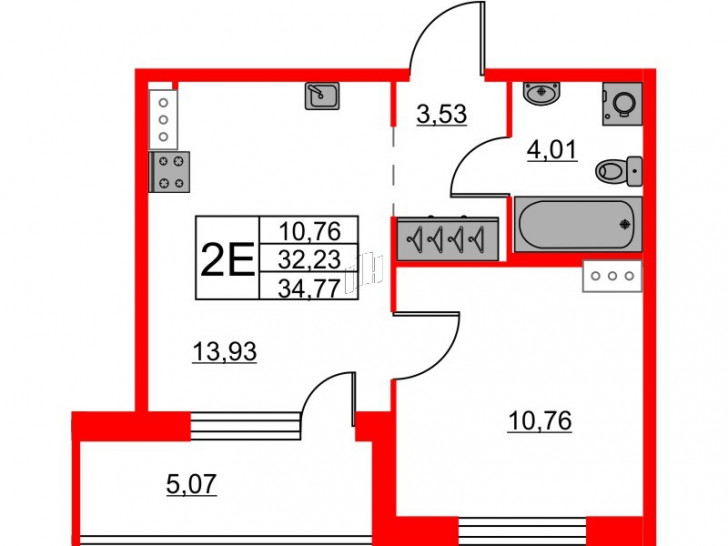 Однокомнатная квартира 34.77 м²
