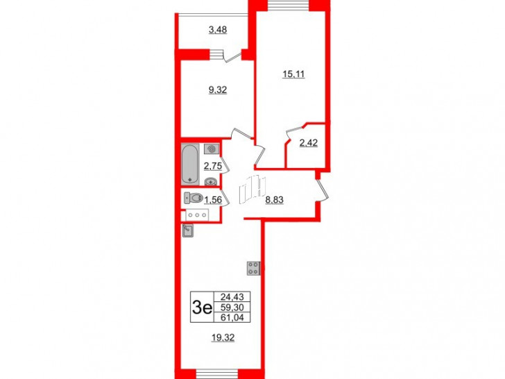 Двухкомнатная квартира 61.04 м²