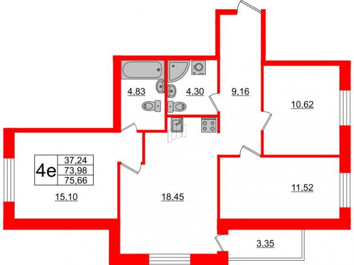 Трёхкомнатная квартира 75.66 м²