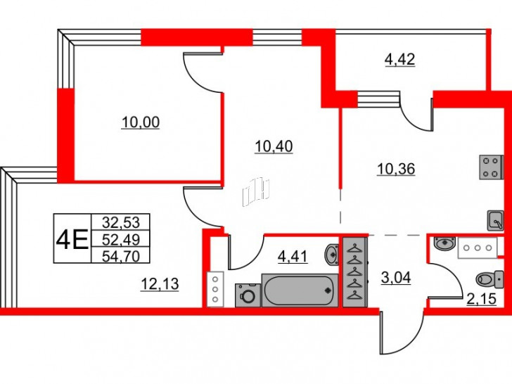 Двухкомнатная квартира 54.7 м²