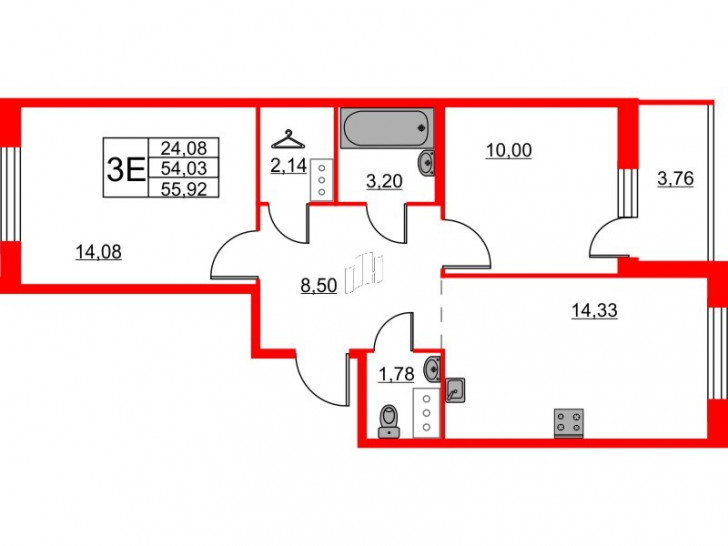 Двухкомнатная квартира 55.92 м²