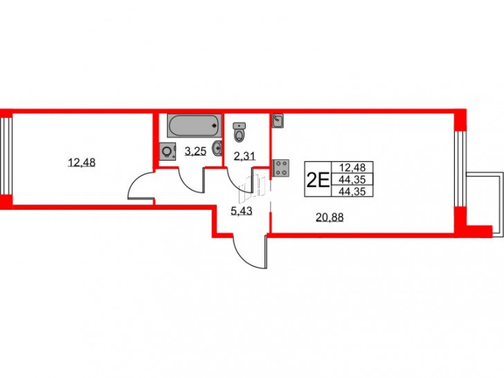 Однокомнатная квартира 44.35 м²