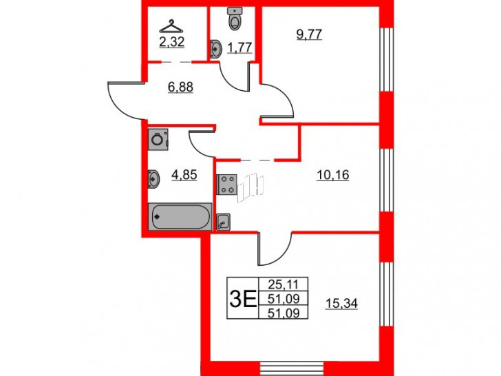 Двухкомнатная квартира 51.09 м²