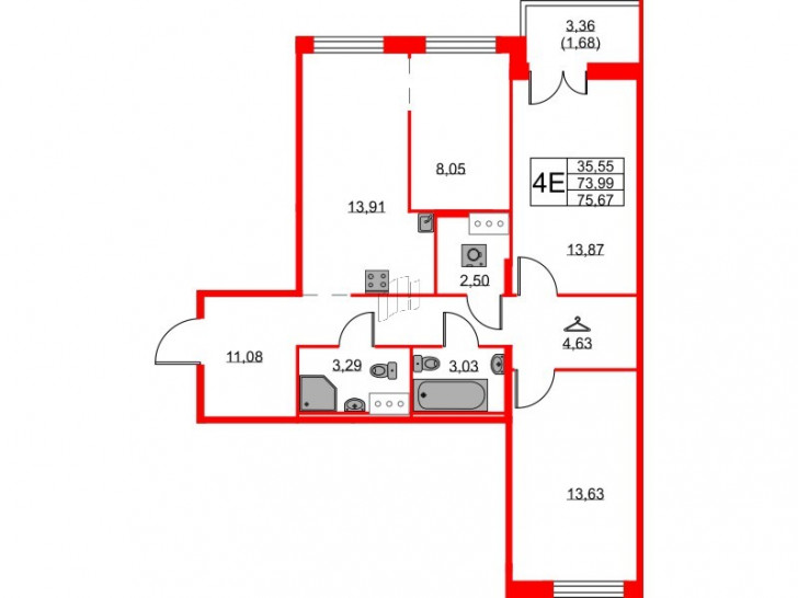 Трёхкомнатная квартира 75.67 м²