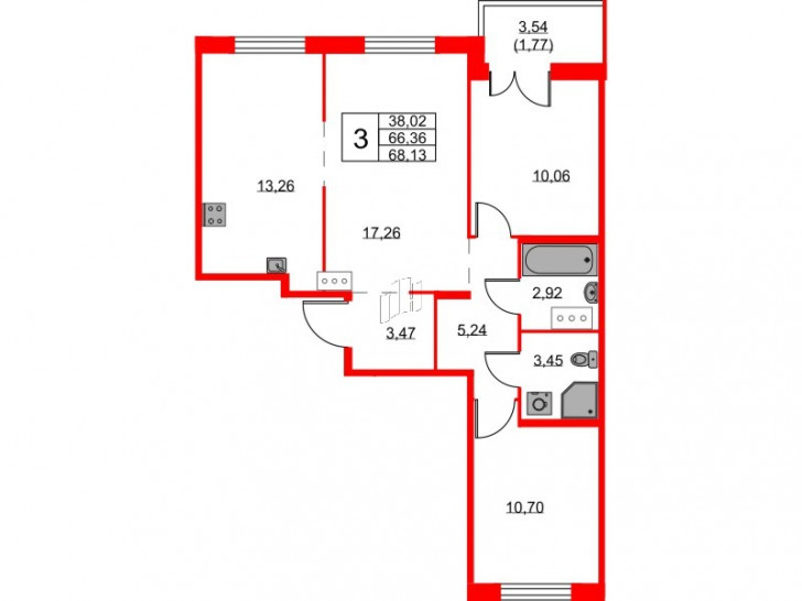 Трёхкомнатная квартира 68.13 м²