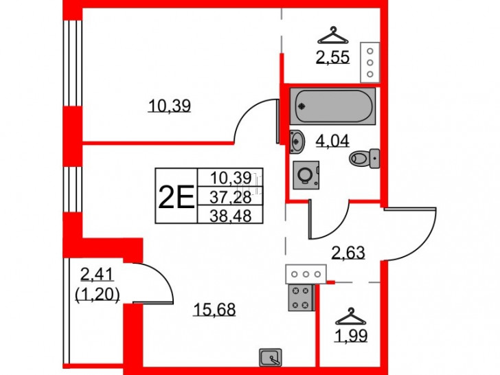 Однокомнатная квартира 38.48 м²