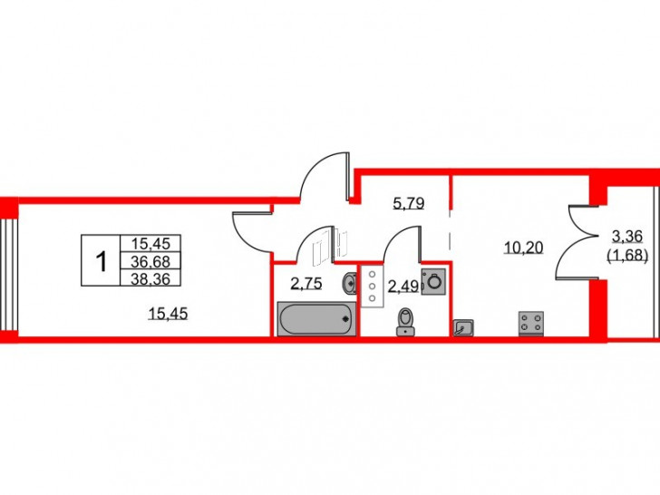 Однокомнатная квартира 38.36 м²