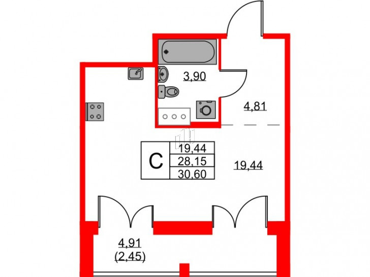 Студия 30.6 м²