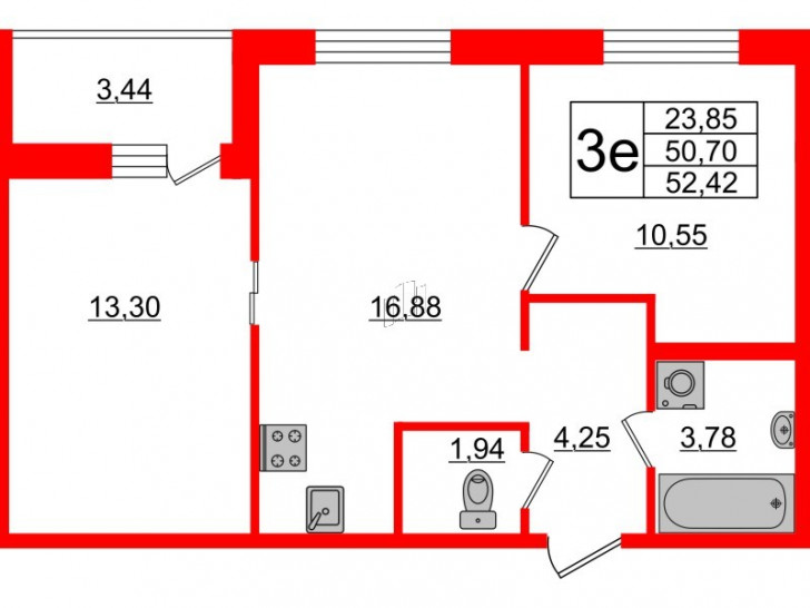 Двухкомнатная квартира 52.42 м²