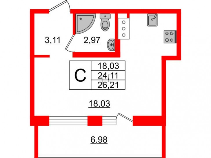 Студия 26.21 м²