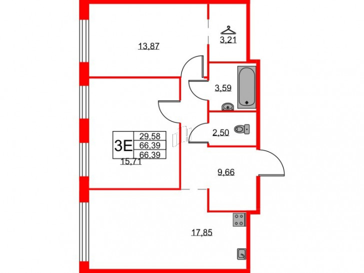 Двухкомнатная квартира 66.39 м²