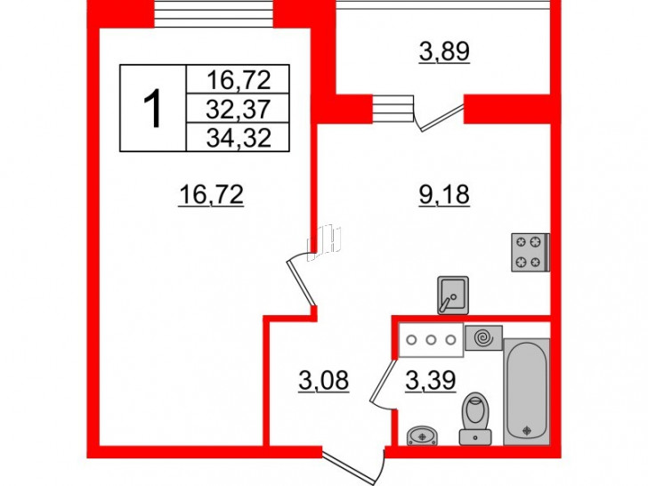 Однокомнатная квартира 34.32 м²