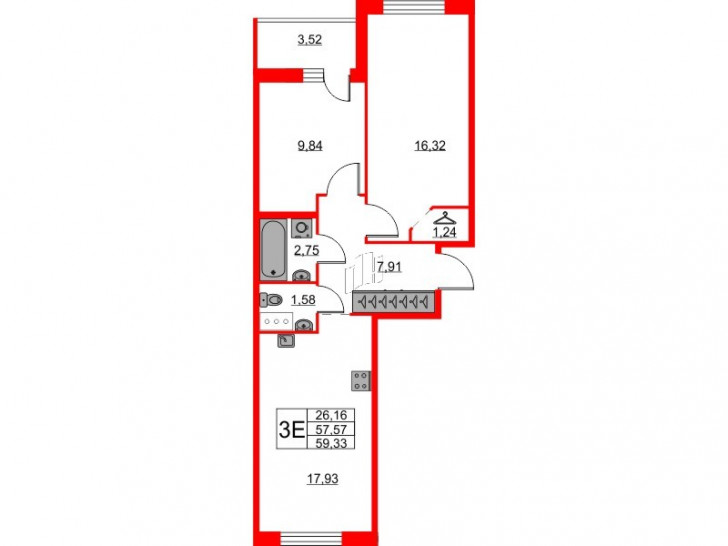 Двухкомнатная квартира 59.33 м²
