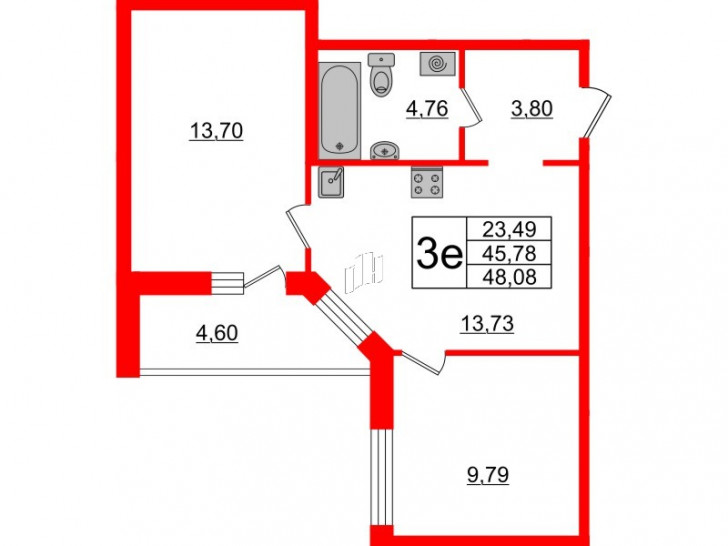 Двухкомнатная квартира 48.08 м²