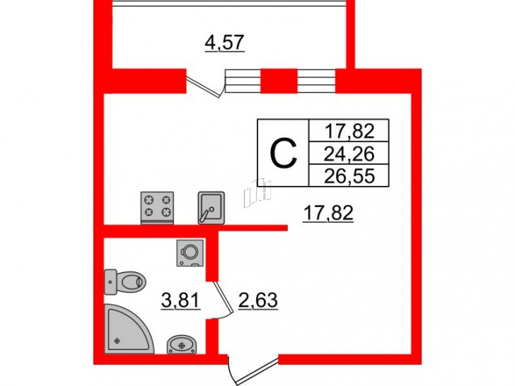 Студия 26.55 м²