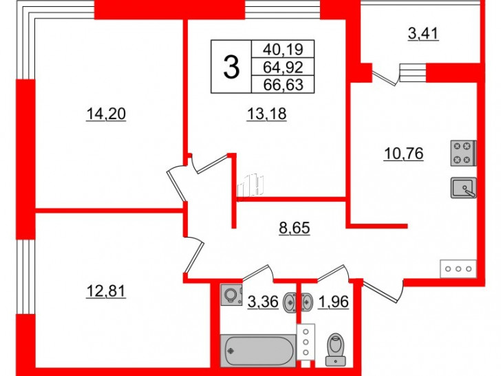 Трёхкомнатная квартира 66.63 м²