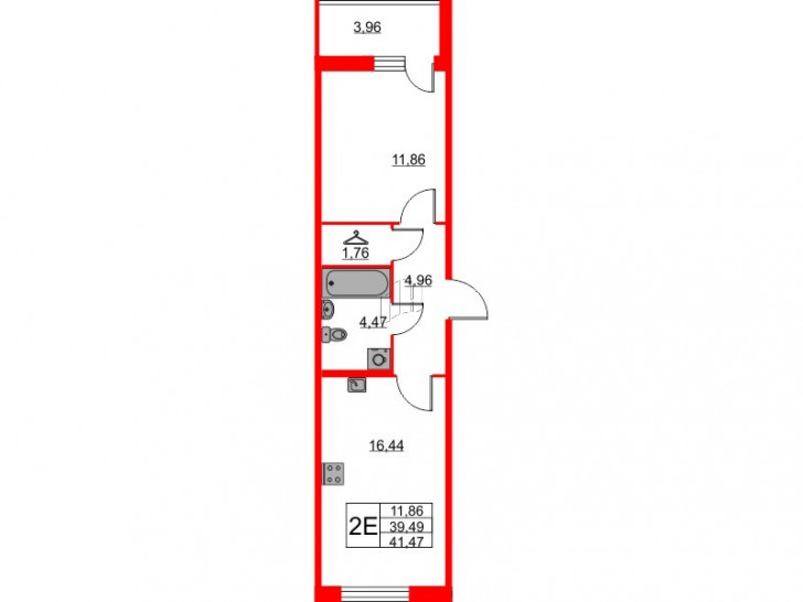 Однокомнатная квартира 41.47 м²