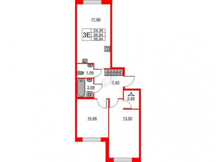 Двухкомнатная квартира 56.94 м²